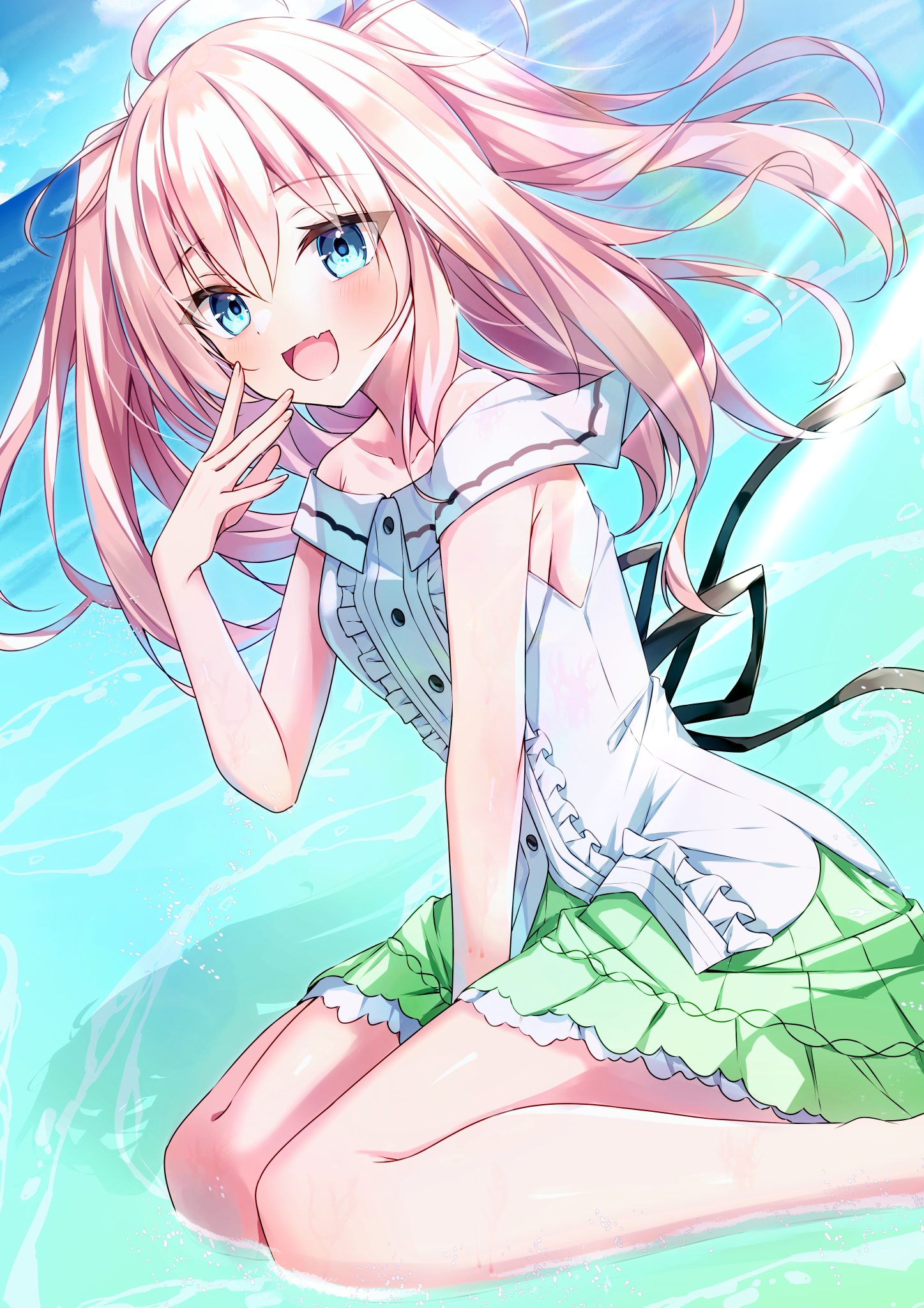 aonu koru, katagai shione, chiisana kanojo no serenade, commentary request, highres, 1girl, :d, ||/, ahoge, bare shoulders, between legs, blue eyes, blush, buttons, center frills, collarbone, day, dutch angle, eyes visible through hair, fang, floating hair, foot out of frame, frilled shirt, frilled skirt, frills, green skirt, hair between eyes, hand between legs, hand up, happy, long hair, looking at viewer, miniskirt, ocean, off-shoulder shirt, off shoulder, open mouth, outdoors, pink hair, pleated skirt, shadow, shirt, sitting, skin fang, skirt, smile, solo, two side up, wariza, water, white shirt, wind
