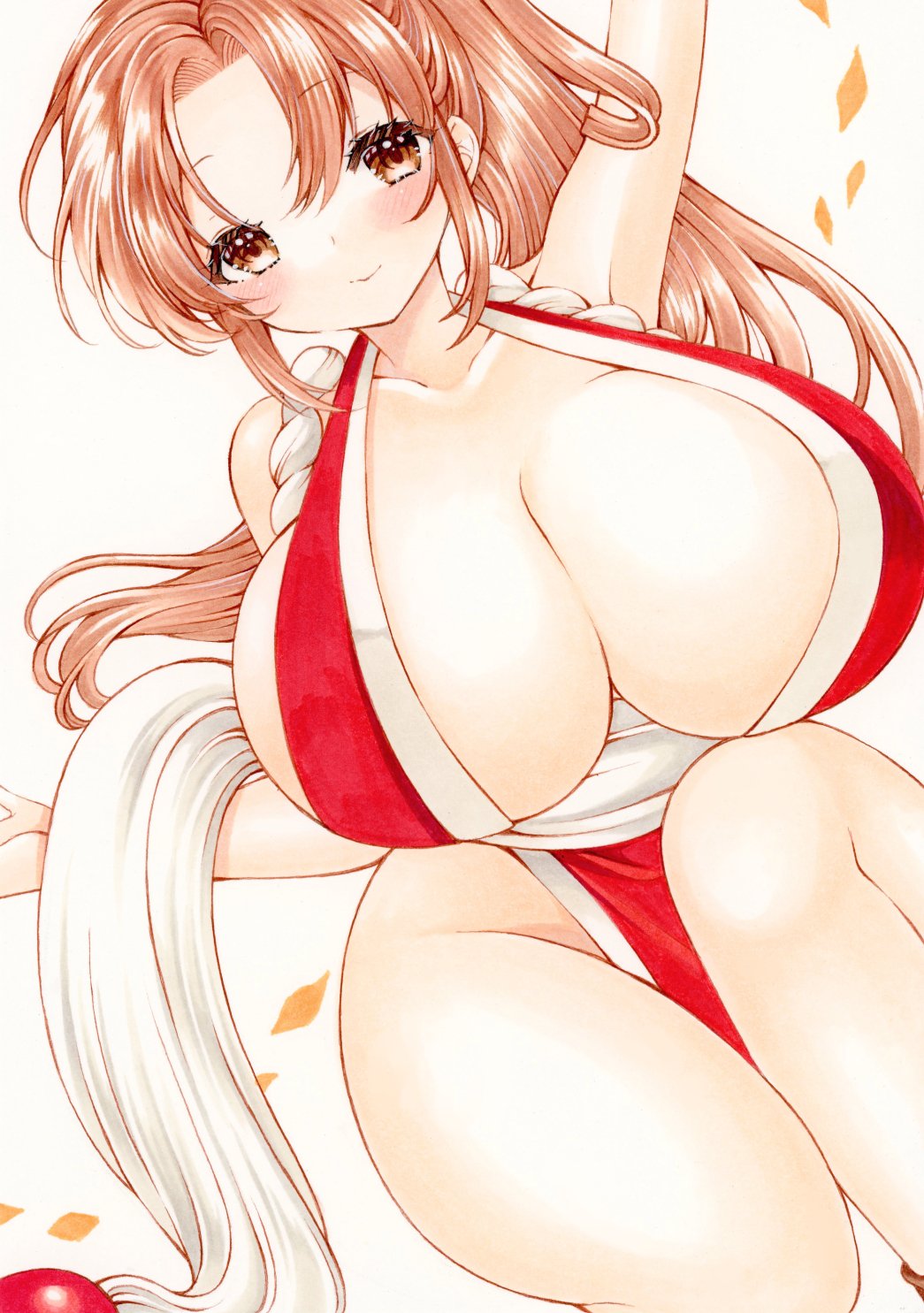 mitsugetsu suzu, shiranui mai, fatal fury, the king of fighters, highres, 1girl, bare shoulders, blush, breasts, brown hair, cleavage, huge breasts, long hair, looking at viewer, ninja, pelvic curtain, sleeveless, white background, wide hips