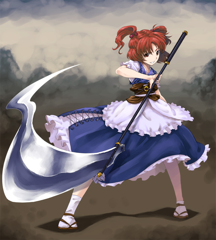 tenten (artist), tenten (edp666), onozuka komachi, touhou, 1girl, female focus, red eyes, red hair, sandals, scythe, short hair, socks, solo, twintails, two side up, white socks, zouri