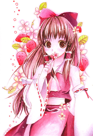ari (pixiv), arisie, hakurei reimu, touhou, 1girl, bow, brown hair, detached sleeves, female focus, flower, food, fruit, hair bow, japanese clothes, long hair, looking at viewer, miko, solo, strawberry, strawberry blossoms