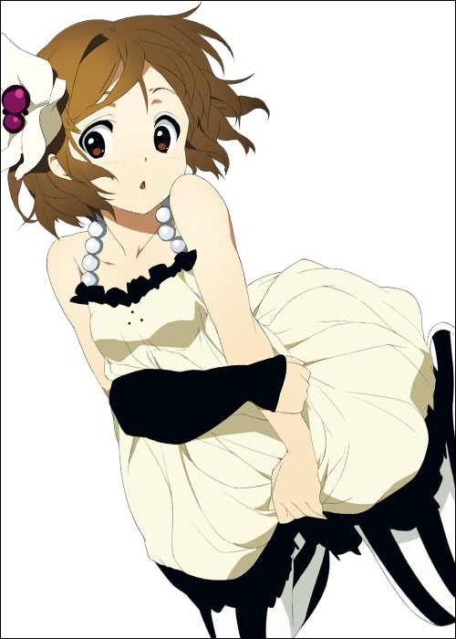 mizuki makoto, hirasawa yui, don't say "lazy", k-on!, 00s, 1girl, black & white, bow, dress, female focus, hair bow, pantyhose, patterned legwear, solo, striped clothes, striped pantyhose, vertical-striped clothes, vertical-striped pantyhose, white dress