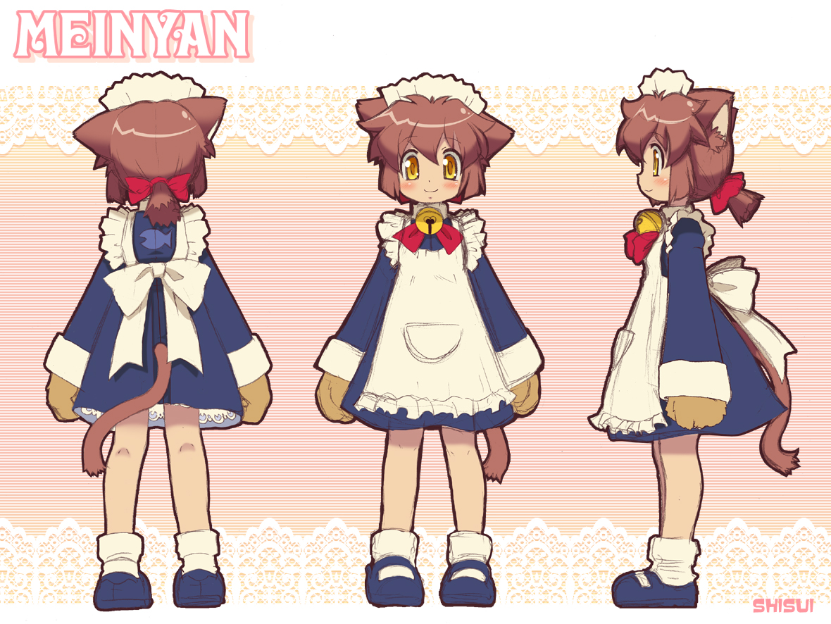 shisui, animal ears, bell, blush, brown hair, child, collar, maid, neck bell, short hair, tail, yellow eyes