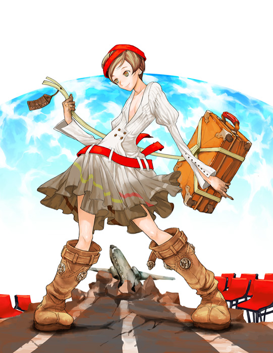kyuusugi toku, original, luggage, bad id, bad pixiv id, 1girl, aircraft, airplane, boots, brown hair, crash, dress, female focus, flat chest, short hair, solo