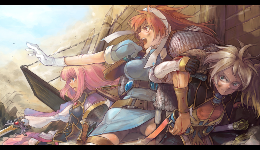piyo, pixiv fantasia, pixiv fantasia 3, 2boys, 2girls, armor, battle, brown hair, carrying, chainmail, cuts, day, dirty, fleeing, frown, gloves, hairband, holding, holding sword, holding weapon, injury, letterboxed, multiple boys, multiple girls, panties, pantyshot, pink hair, sitting, smoke, sword, thighhighs, underwear, weapon