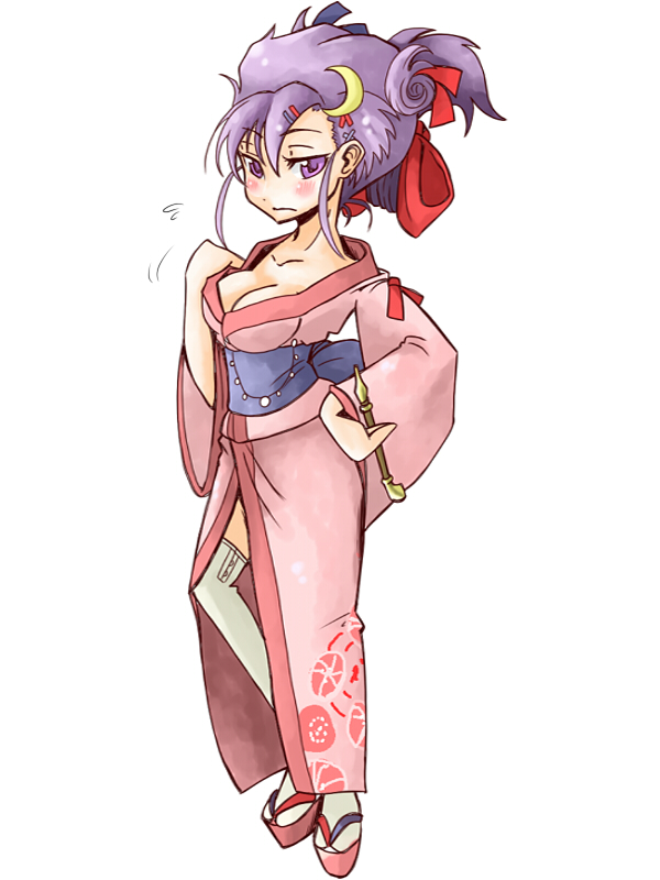 daitai konna kanji, patchouli knowledge, touhou, bad id, bad pixiv id, 1girl, alternate costume, alternate hairstyle, blush, breasts, cleavage, clog sandals, crescent, crescent hair ornament, female focus, folded ponytail, hair ornament, japanese clothes, kimono, kiseru, large breasts, okobo, platform sandals, purple eyes, purple hair, sandals, smoking pipe, solo, thighhighs, white thighhighs, yuujo