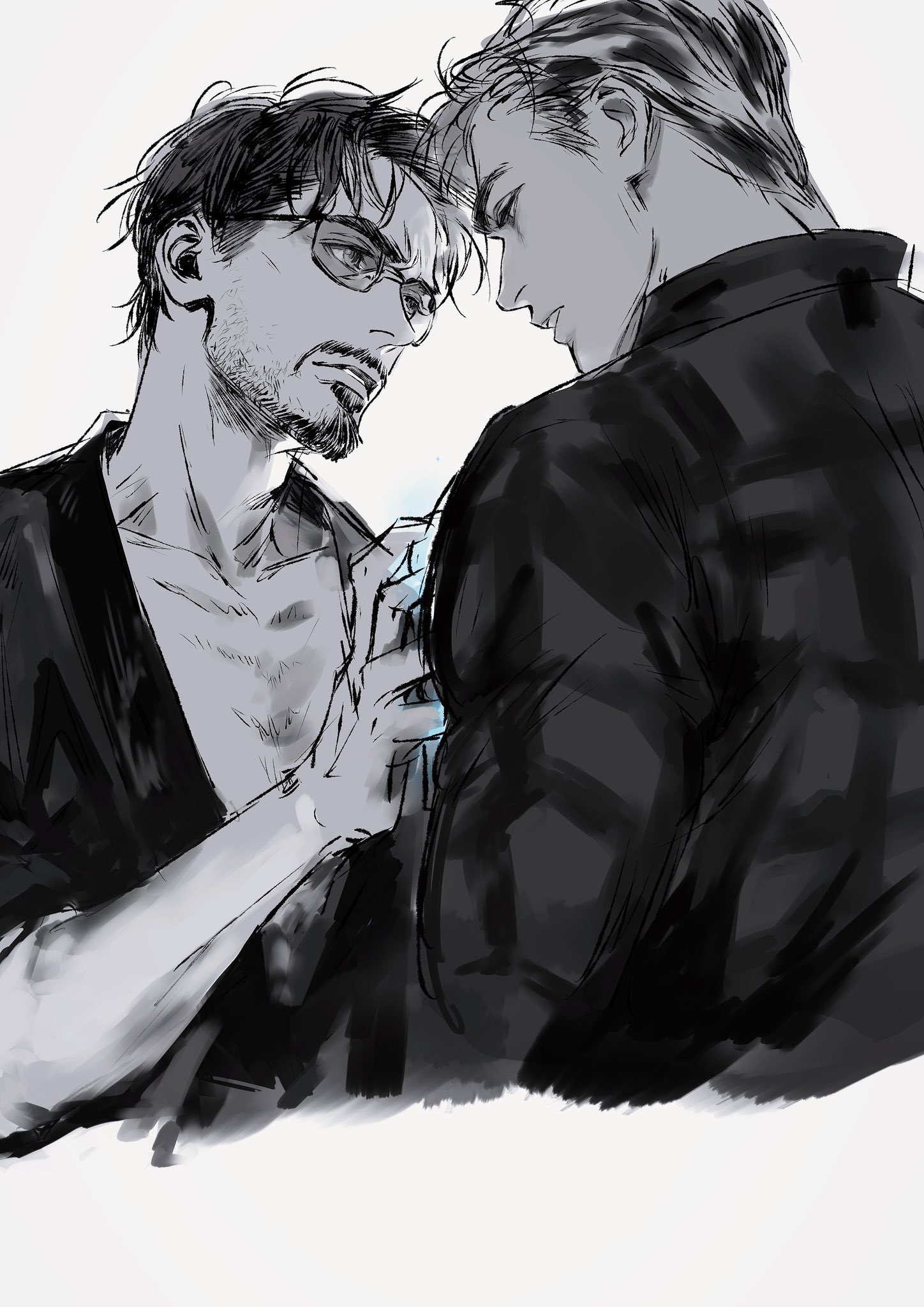 steve rogers, tony stark, avengers: endgame, avengers (series), marvel, commentary, english commentary, highres, 2boys, collarbone, facial hair, from behind, greyscale, hand up, long sleeves, looking at another, male focus, malkogromit, monochrome, multiple boys, open clothes, open robe, plaid clothes, plaid shirt, robe, shirt, short hair, simple background, sunglasses, teeth, upper body