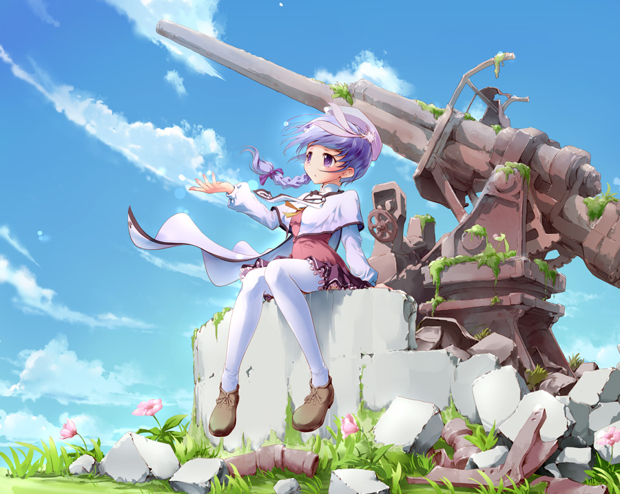 moupii (hitsuji no ki), pulltop, takatsuki tonoko, haruka ni aogi uruwashi no, 1girl, braid, cannon, cloud, day, female focus, flower, hat, legs, long hair, overgrown, pantyhose, purple eyes, purple hair, ruins, sitting, sky, solo, white pantyhose, wind