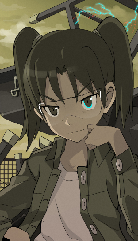 armcho, amasawa yuuko, dennou coil, screencap, anime screenshot, 00s, 1girl, black hair, brown eyes, brown hair, female focus, geass, glasses, glowing, glowing eye, jacket, just as planned (meme), meme, outdoors, sky, solo, twintails