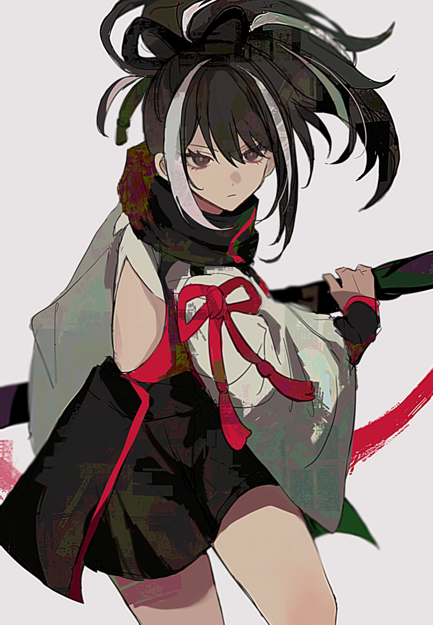 k 7s, kawakami gensai (fate), kawakami gensai (first ascension) (fate), fate/grand order, fate (series), highres, 1girl, black eyes, black hair, holding, holding sword, holding weapon, japanese clothes, long hair, long sleeves, looking at viewer, ponytail, solo, sword, weapon, white hair