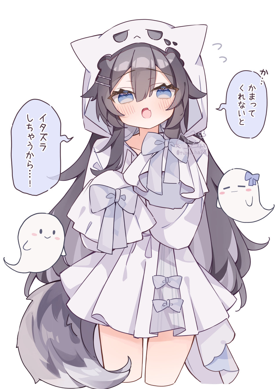ringouulu, original, commentary, highres, 1girl, :o, animal hood, black hair, blue bow, blue eyes, blush, bow, cat hood, cropped legs, double-parted bangs, dress, flying sweatdrops, ghost, hair between eyes, hair ornament, hairclip, hands up, hood, hood up, long hair, long sleeves, looking at viewer, open mouth, parallel hairclips, simple background, sleeve bow, sleeves past fingers, sleeves past wrists, solo, speech bubble, twitter username, white background, white dress