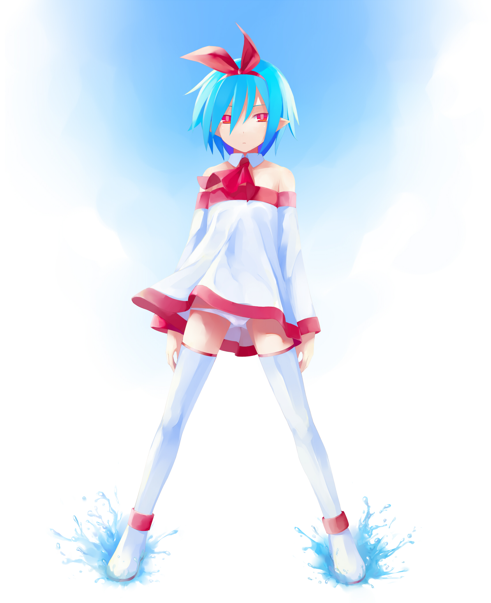 nnyu, pleinair, disgaea, original, bad id, bad pixiv id, highres, 1girl, blue hair, detached sleeves, female focus, flat chest, hair ribbon, legs, panties, pantyshot, pointy ears, red eyes, ribbon, short hair, solo, thighhighs, underwear, white panties, white thighhighs