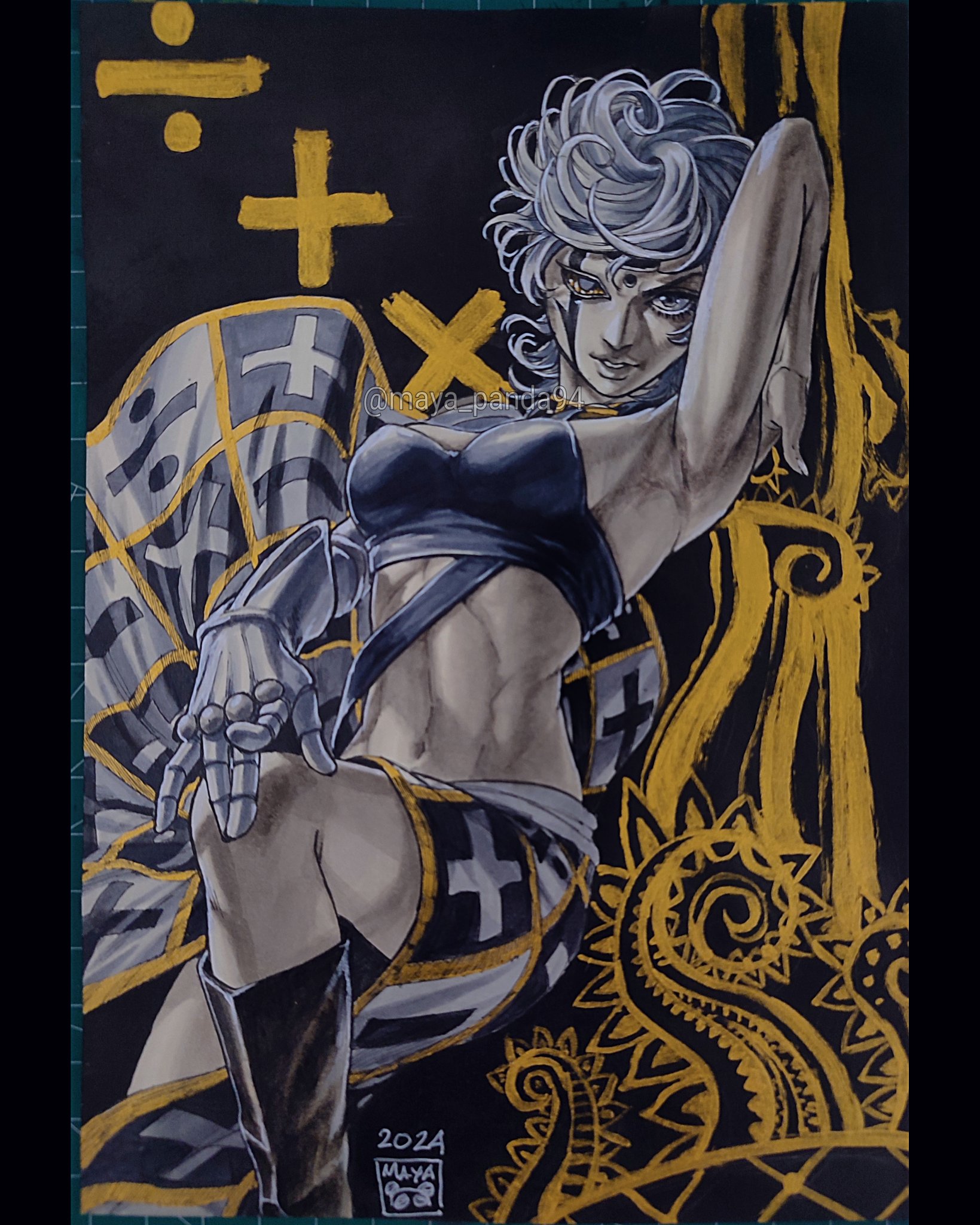 maya panda, spice girl (stand), trish una, jojo no kimyou na bouken, vento aureo, commentary, highres, marker (medium), photo (medium), traditional media, 1girl, 1other, arm up, armpits, boots, breasts, facial mark, fusion, hand on own knee, knee boots, long skirt, looking at viewer, medium breasts, midriff, navel, short hair, signature, skirt, solo, stand (jojo), strapless, tube top