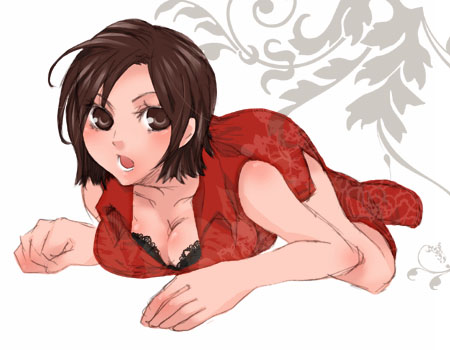 bobusan, meiko (vocaloid), vocaloid, bad id, bad pixiv id, lowres, 1girl, bra, breasts, brown eyes, brown hair, cleavage, female focus, full body, short hair, solo, underwear