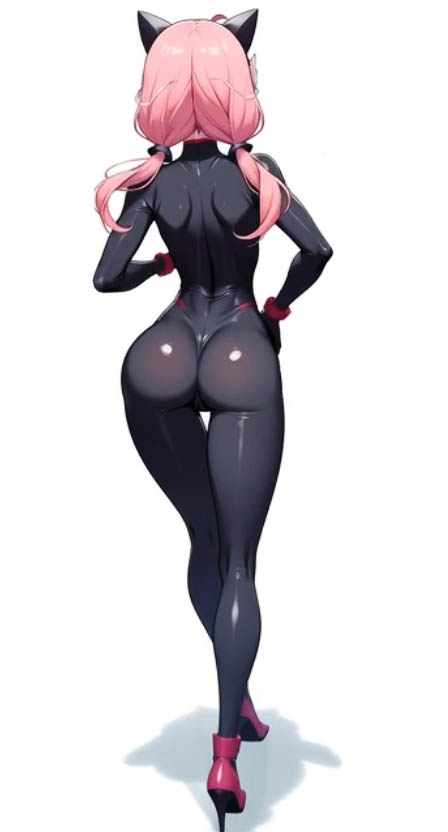 ichi-jirushi, sakurada hane, indie virtual youtuber, non-web source, 1girl, ahoge, animal ears, ass, black bodysuit, black gloves, blue eyes, blush, bodysuit, breasts, cat ears, closed mouth, covered navel, facing away, fake animal ears, from behind, gloves, grabbing own ass, hair between eyes, hair ornament, hand on own ass, huge ass, latex, latex bodysuit, long hair, looking at viewer, looking back, low twintails, multiple views, pink hair, simple background, skin tight, skindentation, small breasts, smile, spread ass, standing, thigh gap, twintails, walking away, white background, wing hair ornament