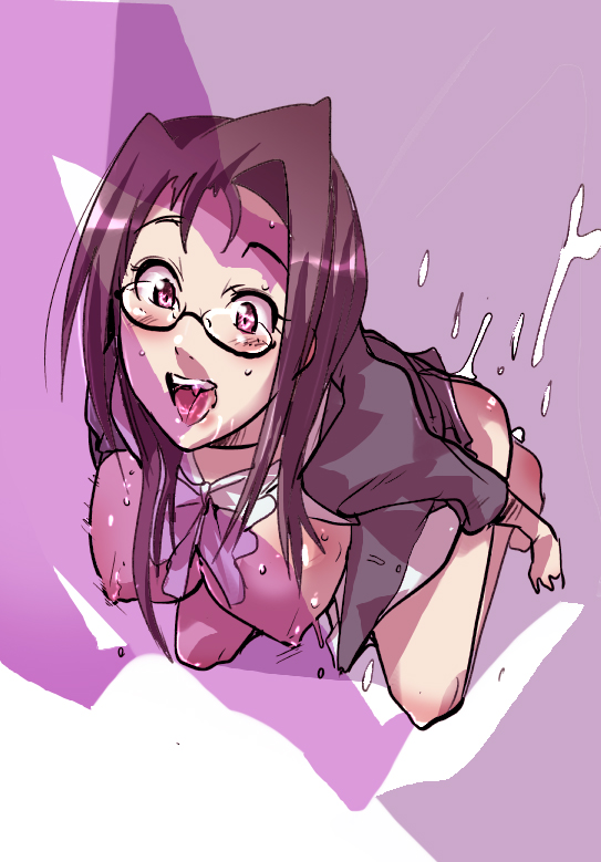 uchiuchi keyaki, shinki yuu, live on cardliver kakeru, 1girl, breasts, brown hair, clothes lift, covered erect nipples, cum, female focus, glasses, kneeling, large breasts, necktie, nipples, open mouth, red eyes, skirt, skirt lift, solo, tongue