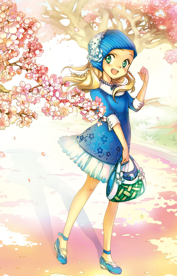 kan satomi, original, 1girl, :d, bag, blonde hair, blush, bobby socks, cherry blossoms, female focus, green eyes, handbag, hat, looking at viewer, mary janes, open mouth, plant, shoes, smile, socks, solo, spring (season), tareme, tree, walking