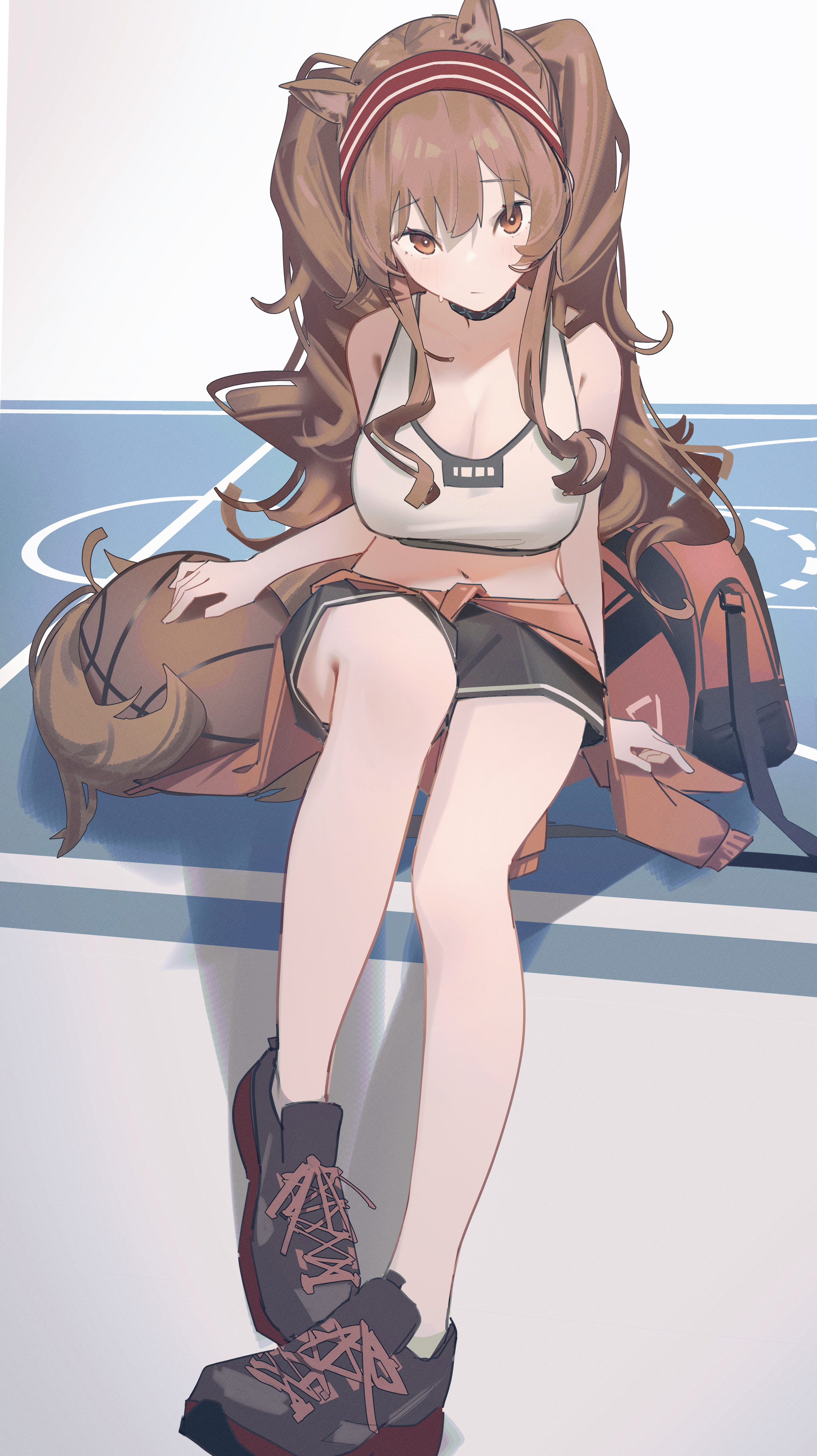 chichi guai, angelina (arknights), arknights, absurdres, highres, 1girl, animal ears, bare arms, bare shoulders, black shoes, black shorts, blush, breasts, brown eyes, brown hair, cleavage, closed mouth, clothes around waist, hairband, jacket, jacket around waist, large breasts, long hair, looking at viewer, navel, orange jacket, red hairband, shoes, shorts, solo, stomach, tank top, two side up, white tank top