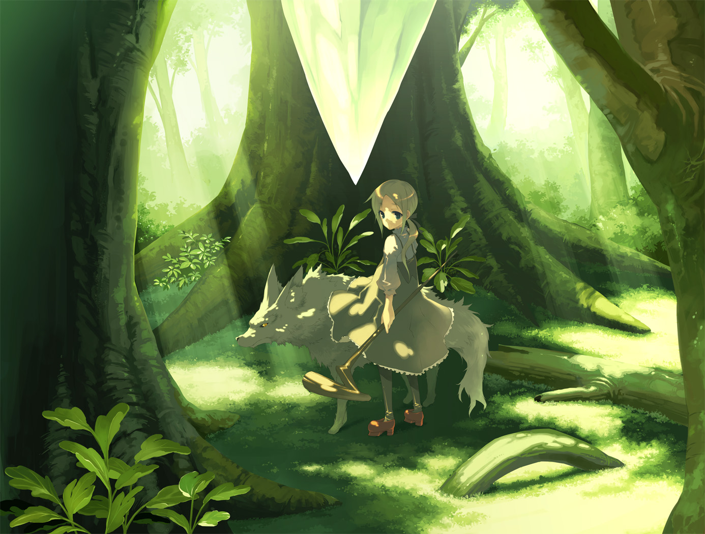 shiranagi masa, original, dress, fantasy, forest, nature, outdoors, solo, staff, wolf
