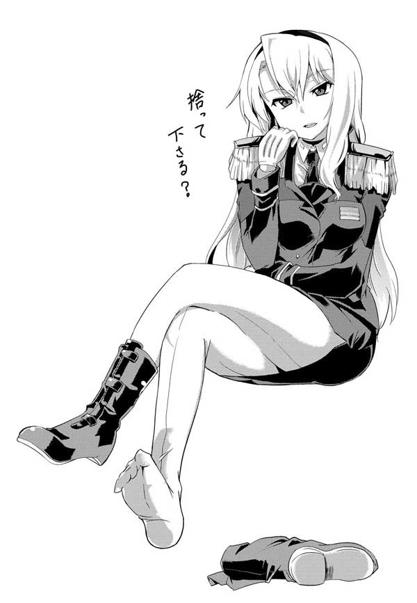 oda masaru, carim gracia, lyrical nanoha, mahou shoujo lyrical nanoha, mahou shoujo lyrical nanoha strikers, translation request, 00s, 1girl, boots, feet, female focus, greyscale, military, military uniform, monochrome, pantyhose, pencil skirt, shoes, single shoe, skirt, solo