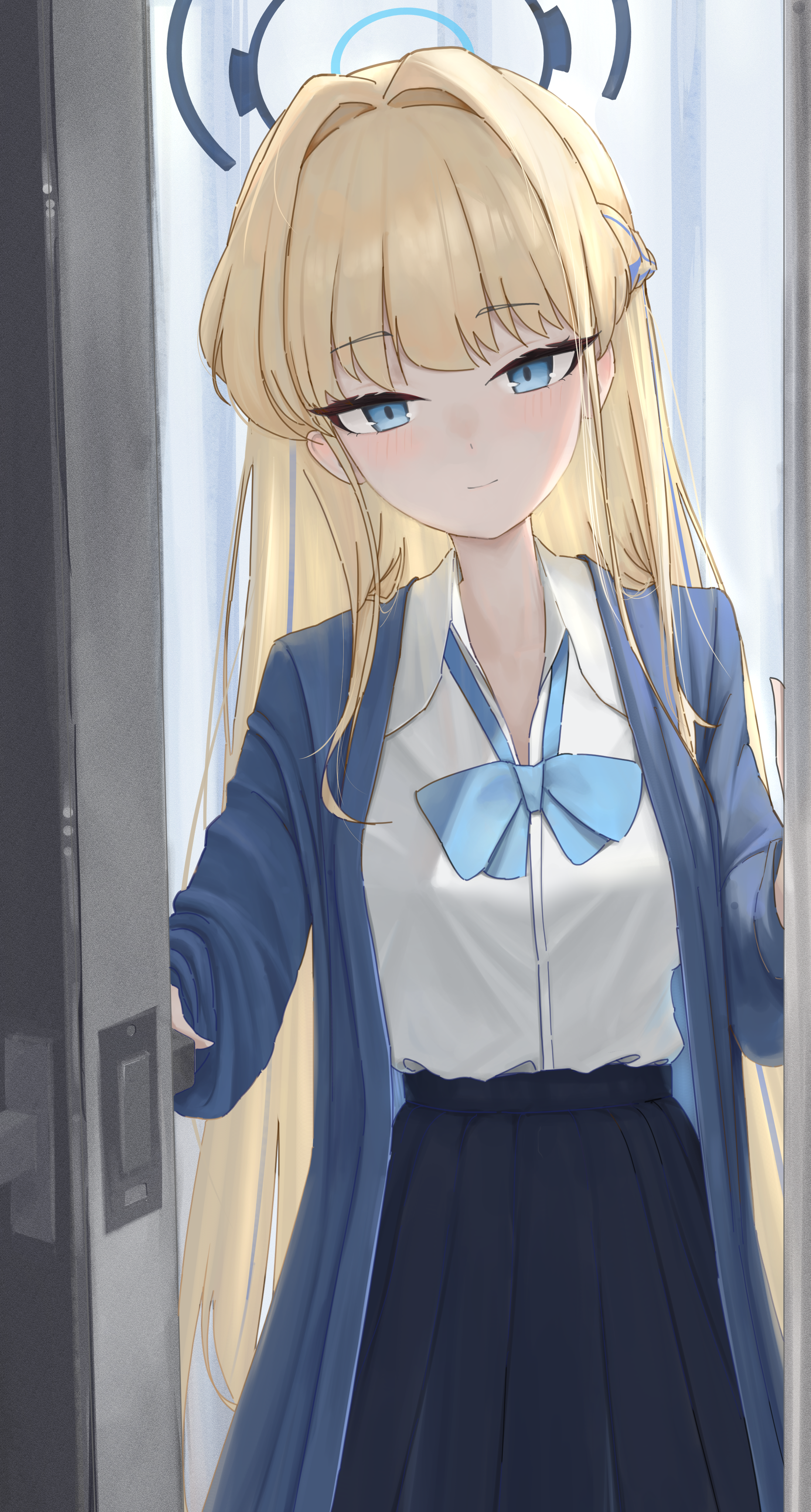 ubeuna, toki (blue archive), toki (school uniform) (blue archive), blue archive, absurdres, commentary, highres, 1girl, black skirt, blonde hair, blue bow, blue bowtie, blue eyes, blue halo, blush, bow, bowtie, braid, cardigan, closed mouth, collared shirt, cowboy shot, dress shirt, film grain, grey cardigan, hair intakes, half up braid, halo, indoors, long hair, looking at viewer, official alternate costume, official alternate hairstyle, open cardigan, open clothes, opening door, pleated skirt, shirt, sidelighting, sidelocks, skirt, smile, solo, straight hair, tsurime, very long hair, white shirt