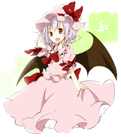 fujiyama, rin (artist), remilia scarlet, touhou, pink legwear, silver hair, 1girl, bat wings, blush, female focus, hat, looking at viewer, mob cap, puffy short sleeves, puffy sleeves, red eyes, short hair, short sleeves, solo, tareme, wings