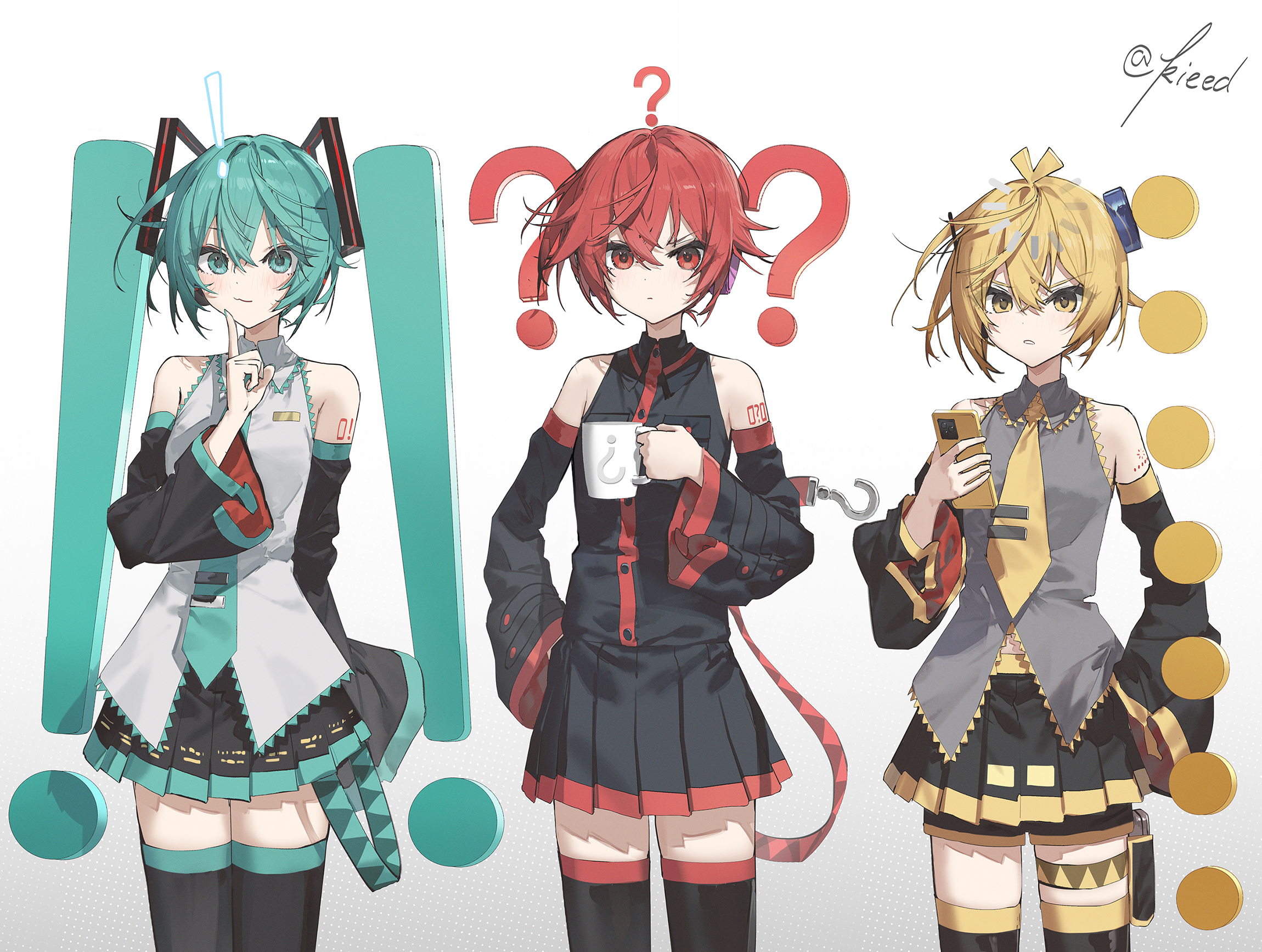 kieed, akita neru, hatsune miku, kasane teto, vocaloid, commentary, highres, symbol-only commentary, !, …, 3girls, ?, alternate hair length, alternate hairstyle, aqua eyes, aqua hair, aqua nails, aqua necktie, black shirt, black skirt, black sleeves, black thighhighs, blonde hair, blush, closed mouth, detached sleeves, finger to face, grey shirt, hair between eyes, looking at viewer, multiple girls, necktie, number tattoo, parted lips, pleated skirt, red eyes, red hair, shirt, short hair, shoulder tattoo, side ponytail, sidelocks, skirt, smile, tattoo, thighhighs, twintails, white shirt, yellow eyes, yellow necktie, zettai ryouiki