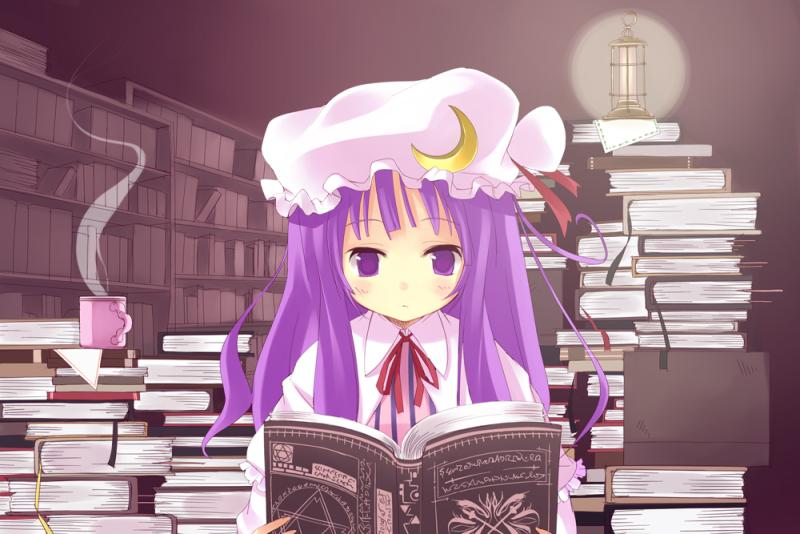 amaa (chou dennou jidai), patchouli knowledge, touhou, 1girl, book, cup, female focus, hat, lantern, library, long hair, mug, purple eyes, purple hair, solo, voile