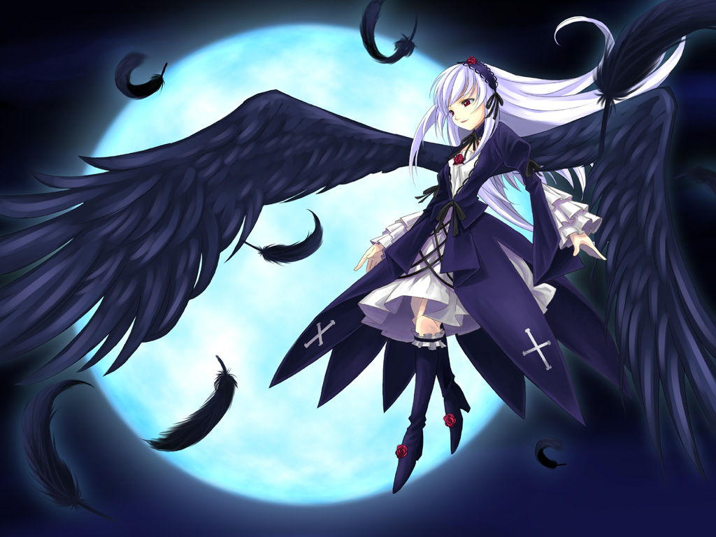 tenten (artist), tenten (edp666), suigintou, rozen maiden, silver hair, 00s, 1girl, dress, feathers, female focus, frills, hairband, long hair, moon, red eyes, solo, wings