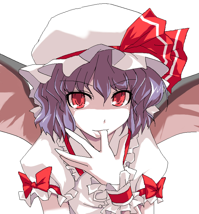 grune, remilia scarlet, touhou, 1girl, bat wings, bow, female focus, finger in own mouth, finger sucking, hat, pale skin, red eyes, solo, wings