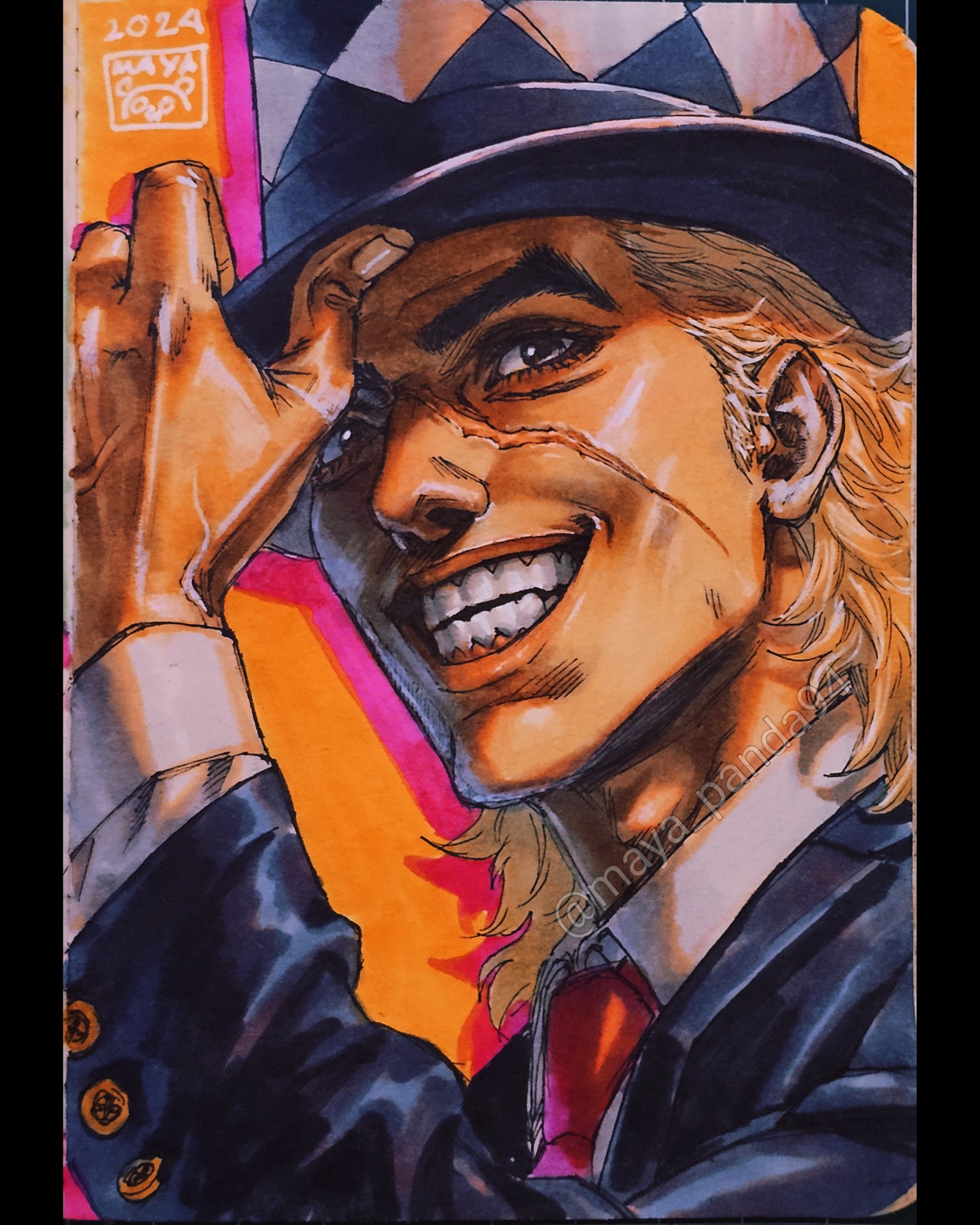 maya panda, robert e. o. speedwagon, jojo no kimyou na bouken, phantom blood, highres, marker (medium), traditional media, 1boy, adjusting clothes, adjusting headwear, argyle clothes, argyle hat, black hat, black jacket, blonde hair, clenched hand, collared shirt, facial scar, fingernails, formal clothes, grey eyes, grin, hand on headwear, hat, hat tip, jacket, long sleeves, looking at viewer, male focus, medium hair, necktie, orange background, portrait, red necktie, scar, scar on cheek, scar on face, shirt, signature, smile, solo, suit, teeth, thick eyebrows, top hat, white shirt