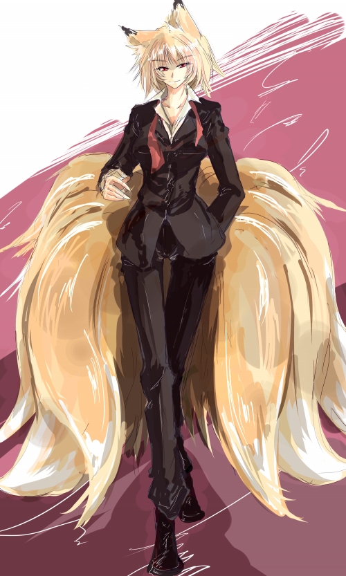 nehan, yakumo ran, touhou, 1girl, alternate costume, animal ears, artistic error, black pants, black shoes, blonde hair, contemporary, female focus, formal clothes, fox ears, fox tail, hand in pocket, long sleeves, multiple tails, no headwear, pant suit, pants, red eyes, shoes, short hair, sketch, smile, solo, suit, tail, thigh gap, thighs