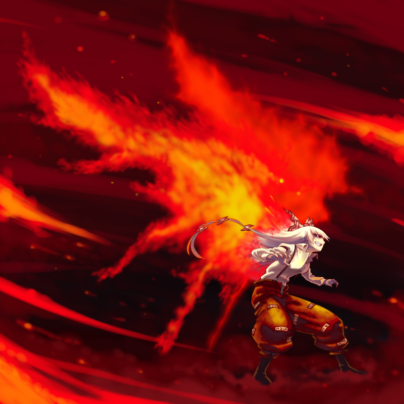 tenten (artist), tenten (edp666), fujiwara no mokou, touhou, silver hair, 1girl, bow, female focus, fire, hair bow, hair ribbon, long hair, red eyes, ribbon, solo
