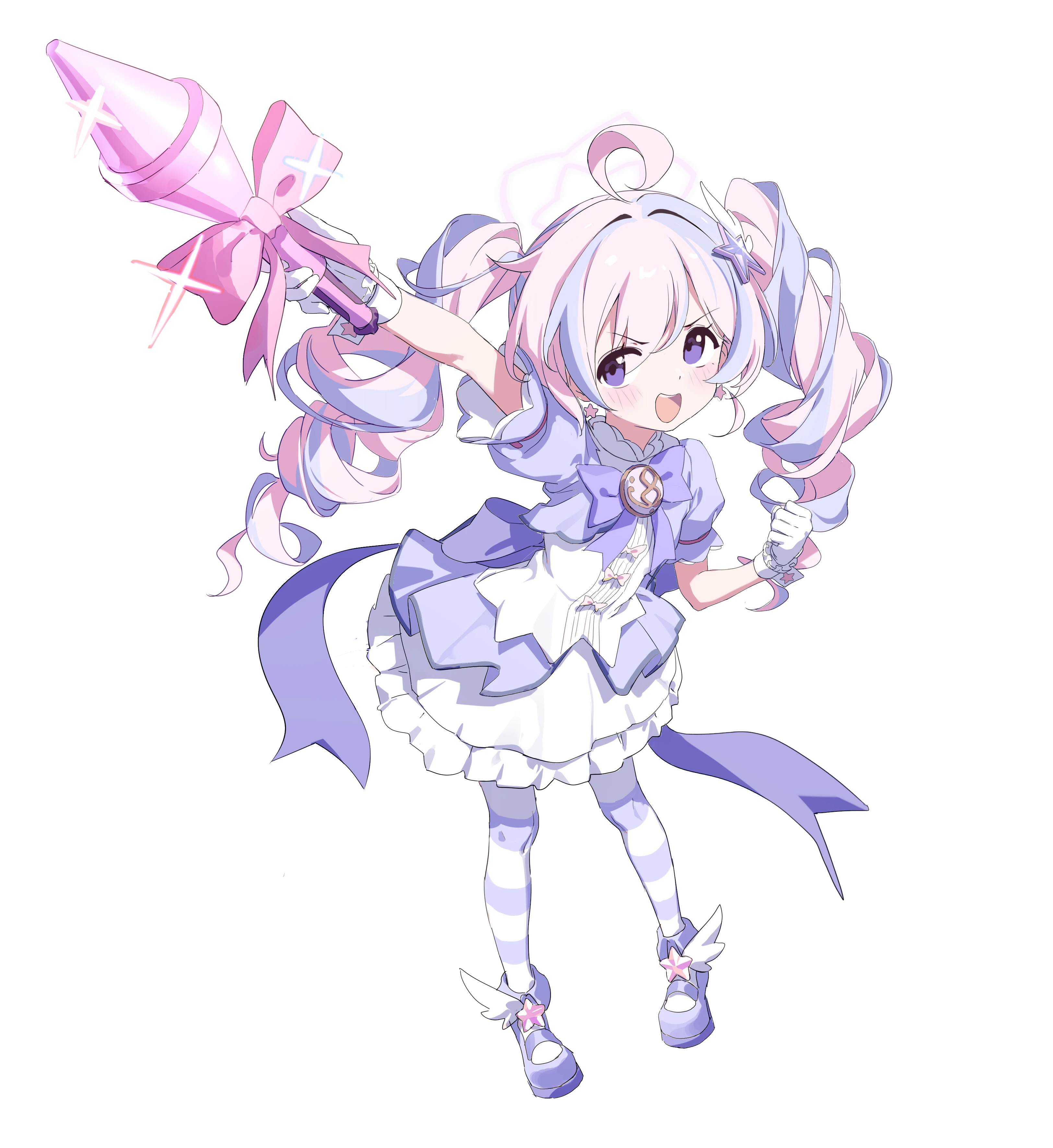 2t (vmyz7342), reisa (blue archive), reisa (magical) (blue archive), blue archive, absurdres, chinese commentary, commentary request, highres, lossy-lossless, 1girl, :d, ahoge, bow, bowtie, dress, drill hair, frills, full body, gloves, hair ornament, halo, holding, holding rocket launcher, holding weapon, long hair, magical girl, multicolored hair, official alternate costume, open mouth, pantyhose, pink hair, pink halo, puffy sleeves, purple bow, purple bowtie, purple eyes, purple hair, purple pantyhose, rocket launcher, rpg, rpg-7, rpg (weapon), shoes, short sleeves, simple background, smile, solo, sparkle, star (symbol), star hair ornament, star halo, striped clothes, striped pantyhose, thighhighs, twin drills, twintails, two-tone hair, two-tone pantyhose, weapon, white background, white gloves, wing hair ornament, winged shoes, wings