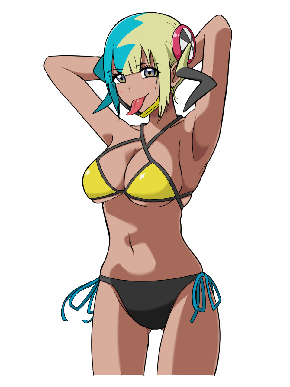dao ne-ii39ra42k-3-7, canari (pokemon), nintendo, pokemon, pokemon legends: z-a, highres, 1girl, aqua hair, armpits, bandeau, bare shoulders, bikini, black mask, blonde hair, blush, breasts, center-flap bangs, cleavage, criss-cross halter, criss-cross straps, halterneck, large breasts, legs, looking at viewer, mask, mask pull, mouth mask, multicolored hair, navel, presenting armpit, short twintails, sideboob, simple background, smile, solo, split-color hair, stomach, swimsuit, thighs, thong bikini, tongue, tongue out, twintails, two-tone hair, two-tone mask, underboob, white background, yellow bikini, yellow mask