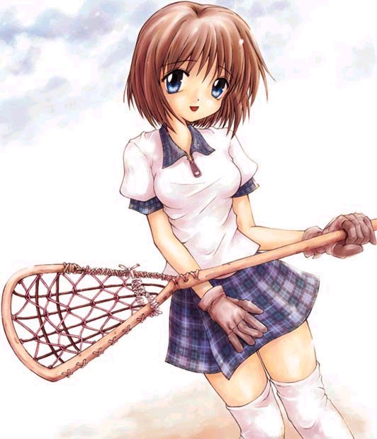 misaka shiori, kanon, jpeg artifacts, non-web source, dutch angle, gloves, head tilt, lacrosse, plaid clothes, plaid skirt, skirt, smile, solo, thighhighs, white thighhighs, zettai ryouiki