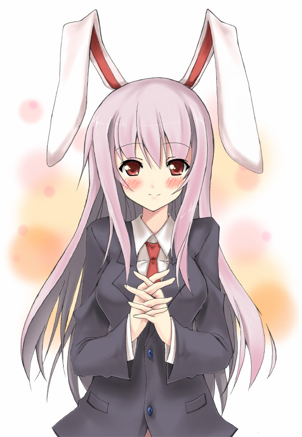 piromizu, reisen udongein inaba, touhou, light purple hair, 1girl, animal ears, blazer, blush, buttons, female focus, jacket, long hair, looking at viewer, necktie, own hands clasped, own hands together, purple hair, rabbit ears, red eyes, red necktie, smile, solo