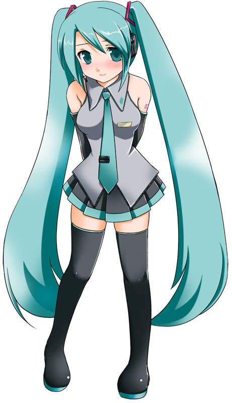 yumegi atsuki, hatsune miku, vocaloid, bad id, bad pixiv id, aqua eyes, aqua hair, blush, detached sleeves, long hair, necktie, skirt, solo, thighhighs, twintails, very long hair