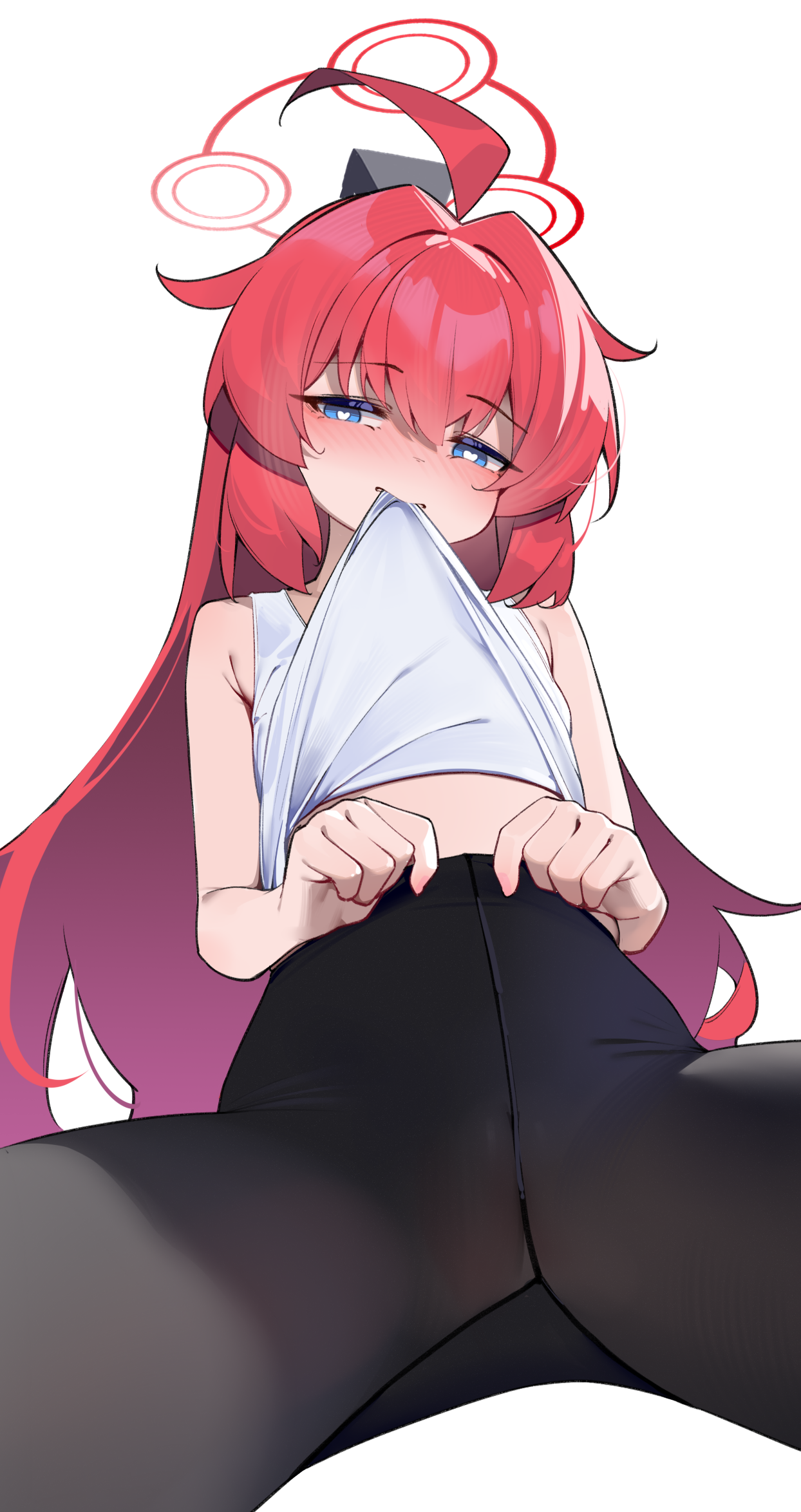 painterliuhao, maki (blue archive), maki (pajamas) (blue archive), blue archive, chinese commentary, commentary request, highres, 1girl, ahoge, black pantyhose, blue eyes, blush, clothes in mouth, clothes lift, crotch seam, halo, heart, heart-shaped pupils, lifting own clothes, long hair, mouth hold, pantyhose, pantyhose tug, red hair, red halo, shirt lift, simple background, sitting, solo, symbol-shaped pupils, tank top, white background, white tank top