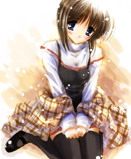 misaka shiori, kanon, plaid, non-web source, blanket, blue eyes, blush, brown hair, dress, pantyhose, shawl, short hair, sitting, snow, solo, strap slip, thighhighs