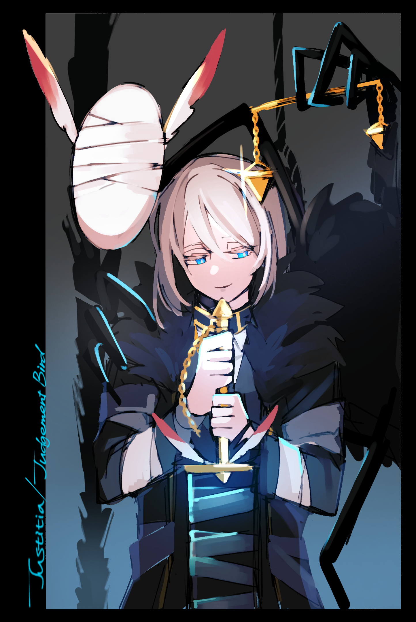 employee (project moon), judgement bird, nugget (project moon), lobotomy corporation, project moon, highres, 1girl, 779 nnk, balance scale, bandages, black coat, blue eyes, chain, coat, colored eyelashes, e.g.o (project moon), feathers, fur-trimmed coat, fur trim, holding, holding sword, holding weapon, justitia (e.g.o), long sleeves, short hair, smile, solo, sword, upper body, weapon, weighing scale, white hair
