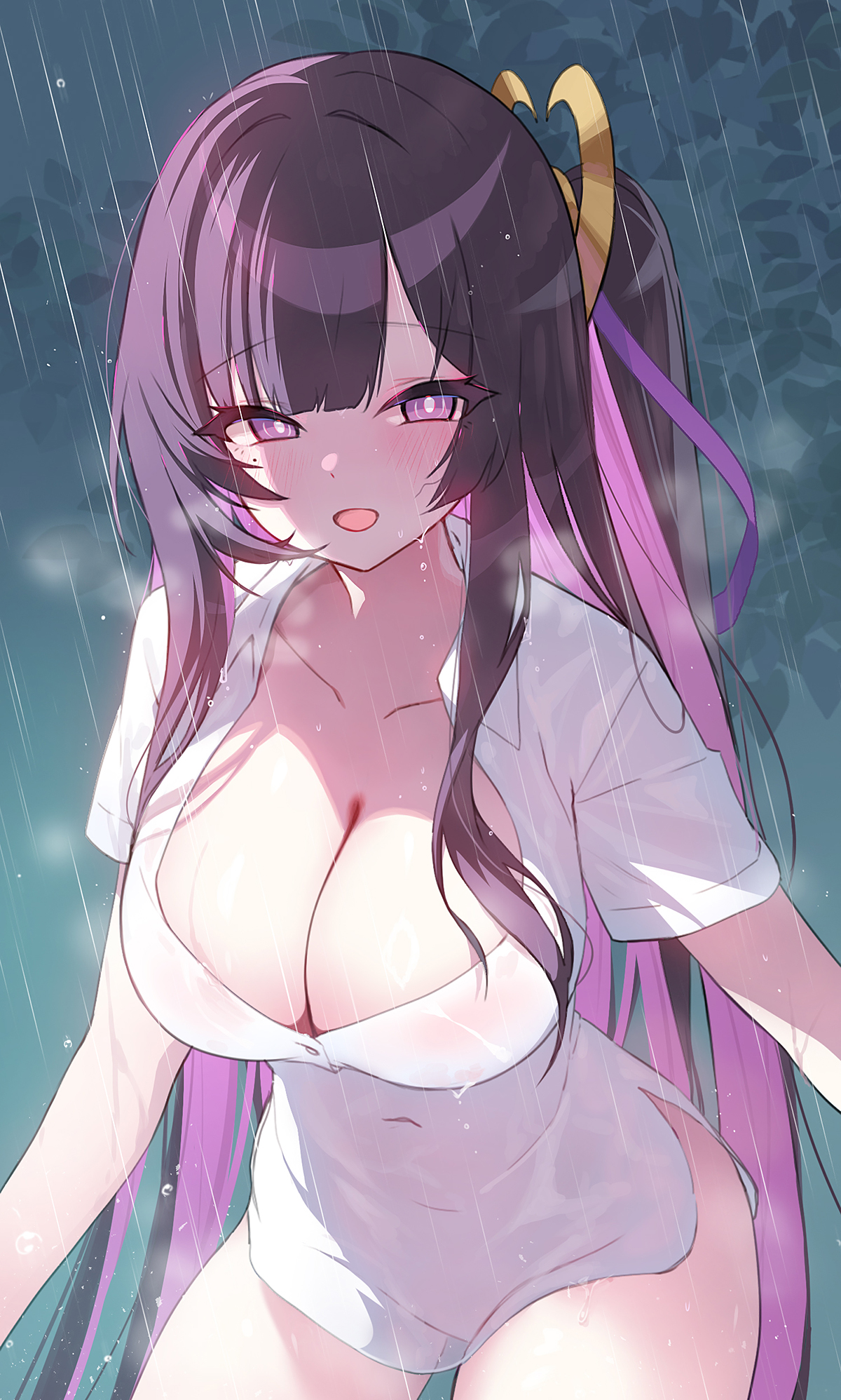 apple caramel, chitose (stella sora), stella sora, highres, 1girl, blush, bow, breasts, bright pupils, cleavage, colored inner hair, covered navel, curvy, dress, hair bow, large breasts, long hair, looking at viewer, multicolored hair, open mouth, outdoors, pink hair, purple eyes, purple hair, rain, see-through clothes, short sleeves, smile, solo, thick thighs, thighs, wet, wet clothes, white dress, white pupils, yellow bow