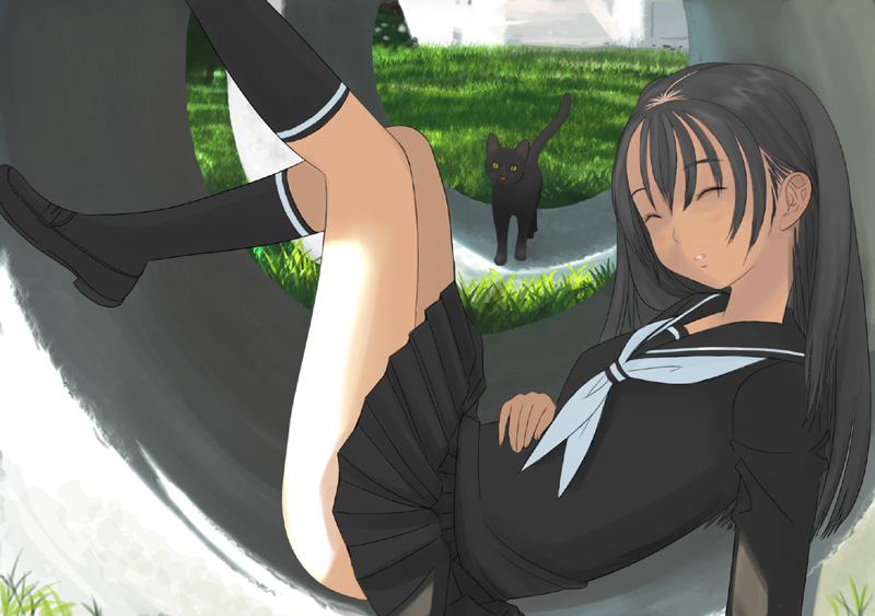 kiriman (souldeep), original, 1girl, animal, black cat, black serafuku, black skirt, black socks, brown hair, cat, closed eyes, day, female focus, from side, grass, hand on own stomach, kneehighs, legs up, loafers, long hair, lying, neckerchief, on back, outdoors, parted lips, pleated skirt, school uniform, serafuku, shade, shoes, skirt, sleeping, socks, solo