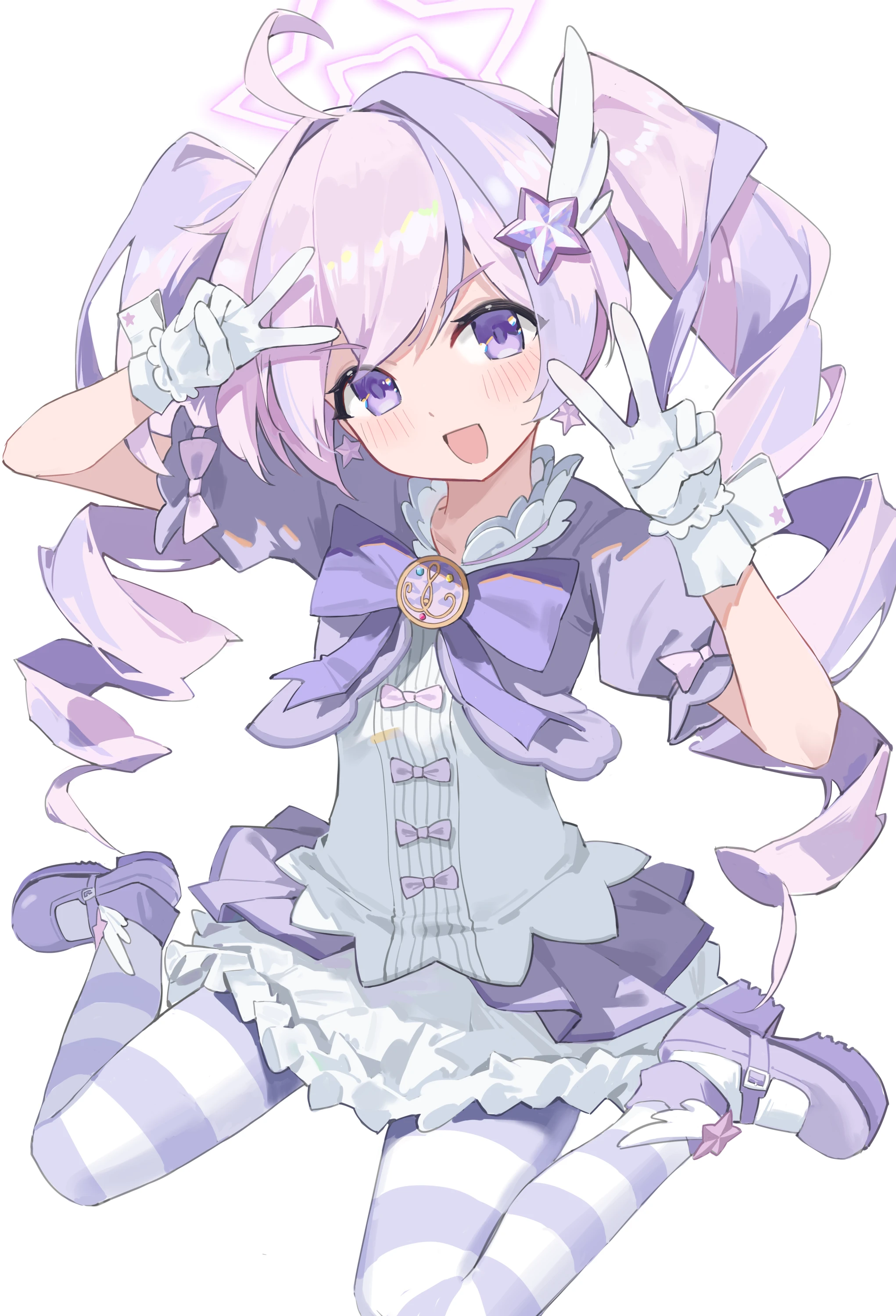 fang5hine, reisa (blue archive), reisa (magical) (blue archive), blue archive, absurdres, highres, 1girl, blush, bow, double v, drill hair, gloves, hair ornament, halo, jacket, long hair, looking at viewer, multicolored hair, official alternate costume, official alternate hairstyle, open mouth, purple bow, purple eyes, purple hair, purple halo, purple jacket, purple shoes, purple skirt, purple thighhighs, shirt, shoes, short sleeves, sidelocks, skirt, solo, star (symbol), star hair ornament, striped clothes, striped thighhighs, thighhighs, twin drills, two-tone hair, v, white gloves, white shirt, wing hair ornament