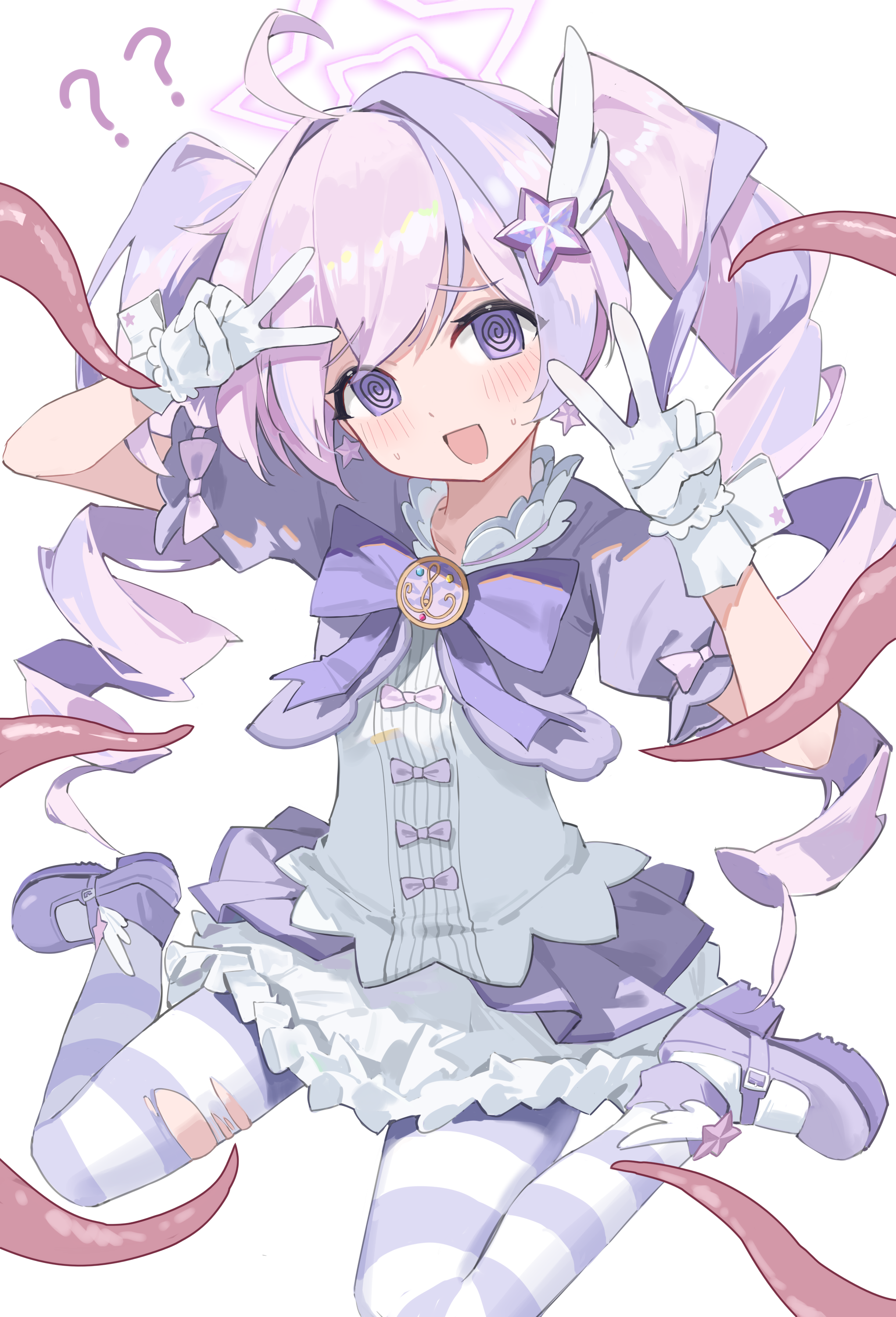 fang5hine, reisa (blue archive), reisa (magical) (blue archive), blue archive, absurdres, highres, 1girl, @ @, blush, bow, double v, drill hair, gloves, hair ornament, halo, jacket, long hair, looking at viewer, multicolored hair, official alternate costume, official alternate hairstyle, open mouth, purple bow, purple eyes, purple hair, purple halo, purple jacket, purple shoes, purple skirt, purple thighhighs, shirt, shoes, short sleeves, sidelocks, skirt, solo, star (symbol), star hair ornament, striped clothes, striped thighhighs, sweat, tentacles, thighhighs, torn clothes, torn thighhighs, twin drills, two-tone hair, v, white gloves, white shirt, wing hair ornament