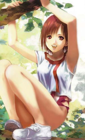 mikimoto haruhiko, takaya noriko, top wo nerae!, top wo nerae! (series), lowres, non-web source, armpits, arms up, brown eyes, brown hair, climbing, short hair, smile, solo, tree