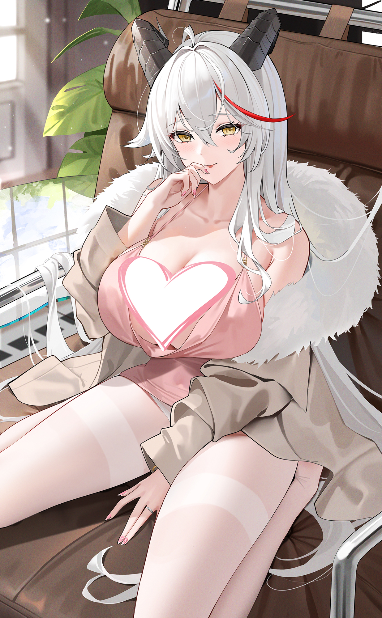 qing wu, aegir (azur lane), aegir (one-on-one leisure time) (azur lane), azur lane, highres, 1girl, :p, bare shoulders, between legs, blush, breasts, cleavage, clothes pull, coat, couch, dragon girl, dragon horns, dress, full body, fur-trimmed coat, fur trim, hair between eyes, hand between legs, hand up, horns, indoors, jacket, jacket pull, jewelry, large breasts, long hair, multicolored hair, nail polish, no bra, off shoulder, official alternate costume, on couch, open clothes, open coat, panties, pantyhose, pink dress, pink nails, red hair, ring, short dress, sitting, smile, solo, spread legs, streaked hair, thighband pantyhose, thighs, tongue, tongue out, two-tone hair, underwear, very long hair, wedding ring, white hair, white panties, white pantyhose, yellow eyes