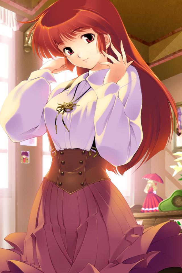 non-web source, 1girl, doll, female focus, jewelry, long hair, necklace, red eyes, red hair, skirt, solo