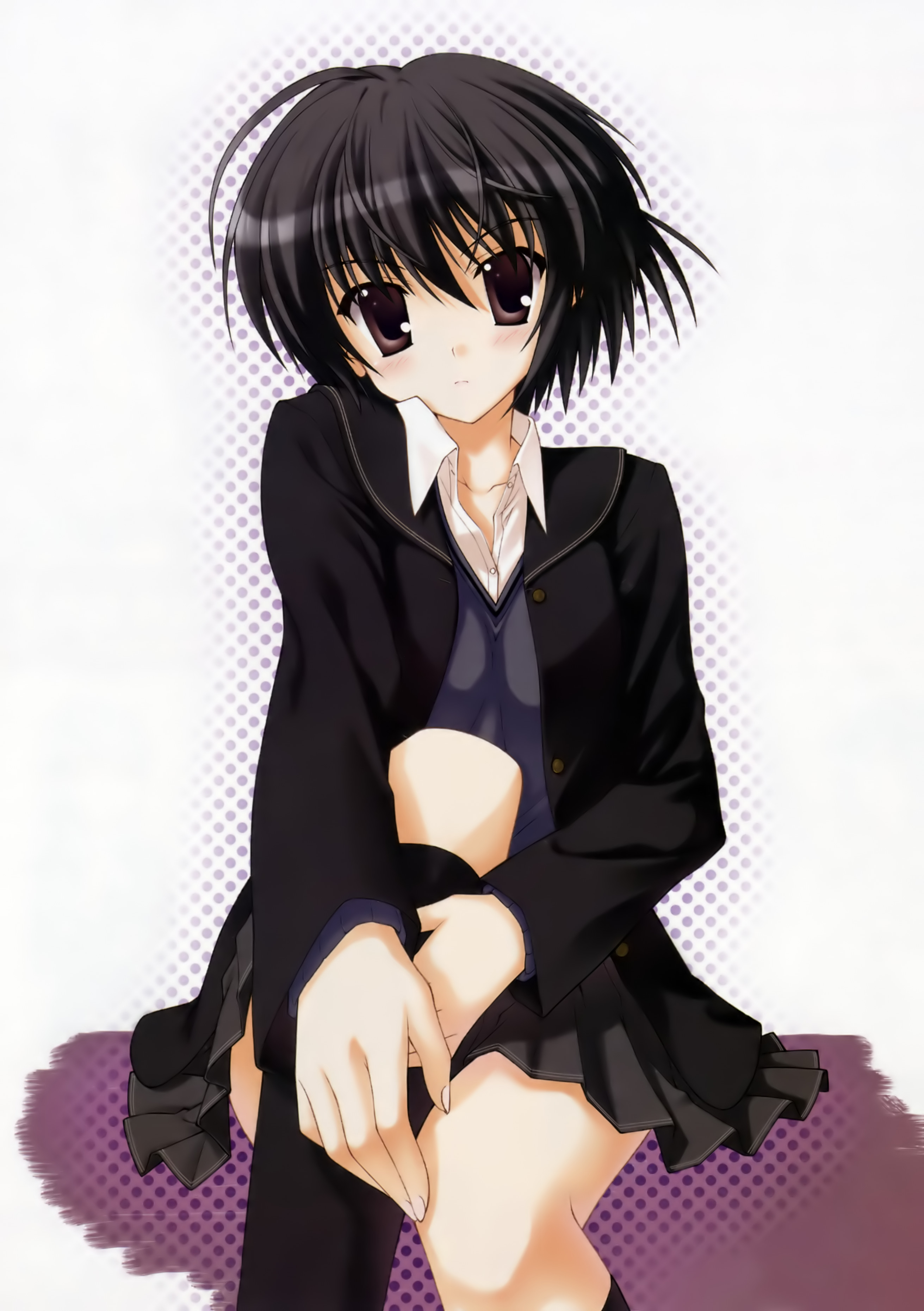 nanao naru, nanasaki ai, amagami, absurdres, highres, non-web source, black hair, blazer, blush, brown eyes, head tilt, jacket, kneehighs, short hair, sitting, skirt, socks, solo, sweater vest