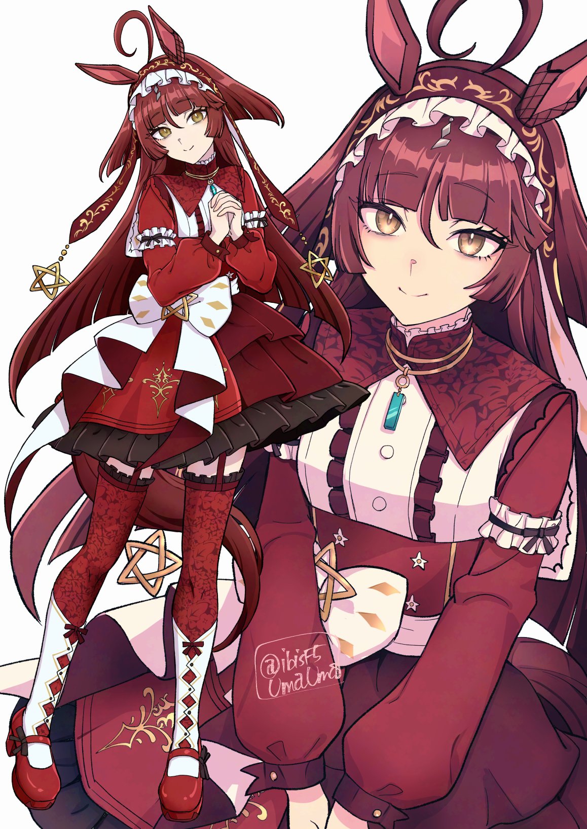 hi (ibisf5umauma), red desire (umamusume), umamusume, highres, 1girl, ahoge, animal ears, blunt bangs, blush, bow, closed mouth, dress, full body, garter straps, hairband, headdress, horse ears, horse girl, long hair, long sleeves, looking at viewer, multicolored hair, red dress, red hair, red hairband, red headdress, red thighhighs, shoes, simple background, smile, socks, solo focus, star (symbol), star ornament, thighhighs, twitter username, white background, white bow, white hair, white socks, yellow eyes