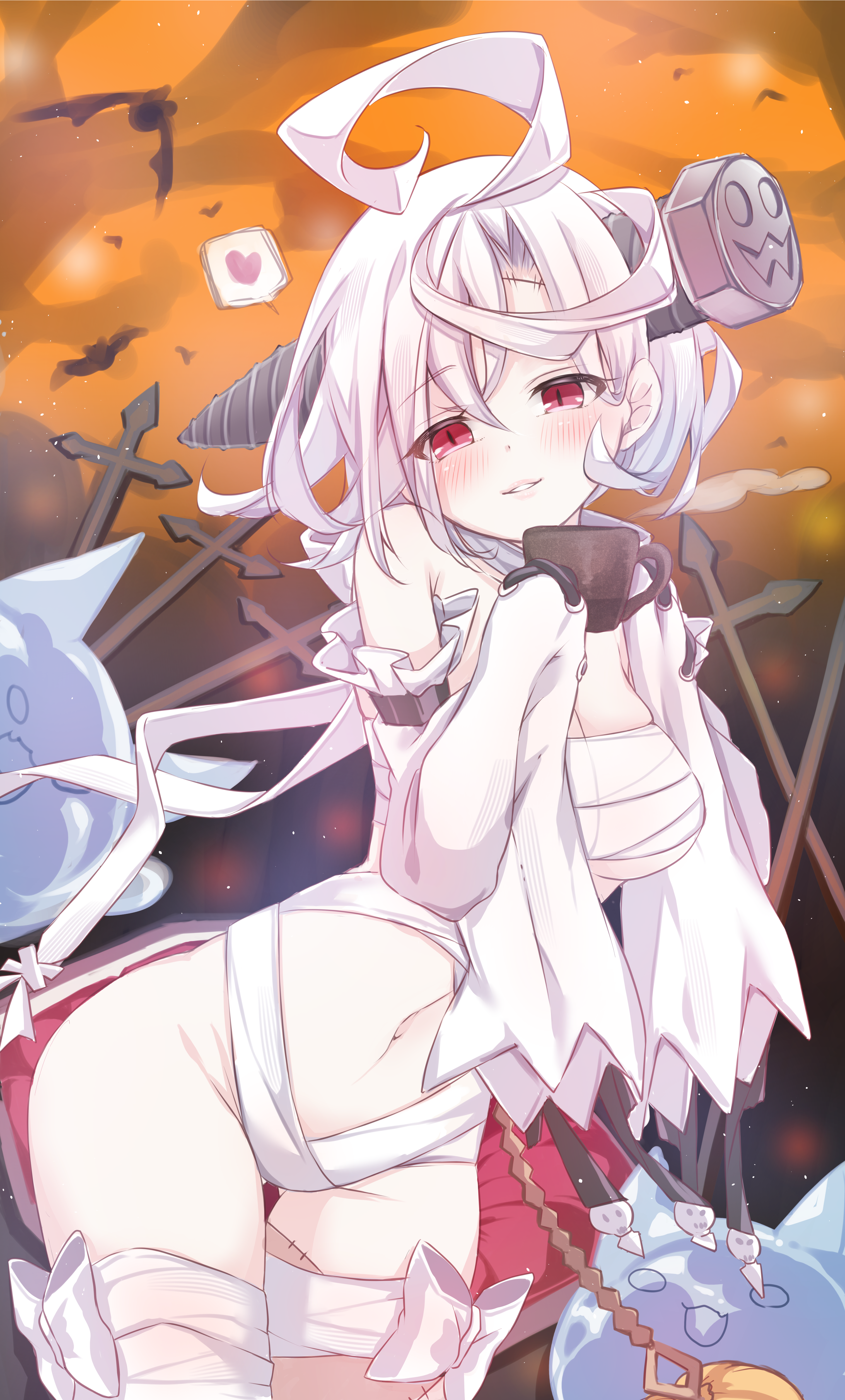 mikuchi3939, terror (azur lane), terror (halloween terror) (azur lane), azur lane, absurdres, highres, 1girl, bandages, black gloves, blush, breasts, cleavage, cup, detached sleeves, ghost, gloves, halloween, holding, holding cup, large breasts, long hair, looking at viewer, naked bandage, navel, object through head, red eyes, screw, screw in head, smile, solo, stitches, white hair